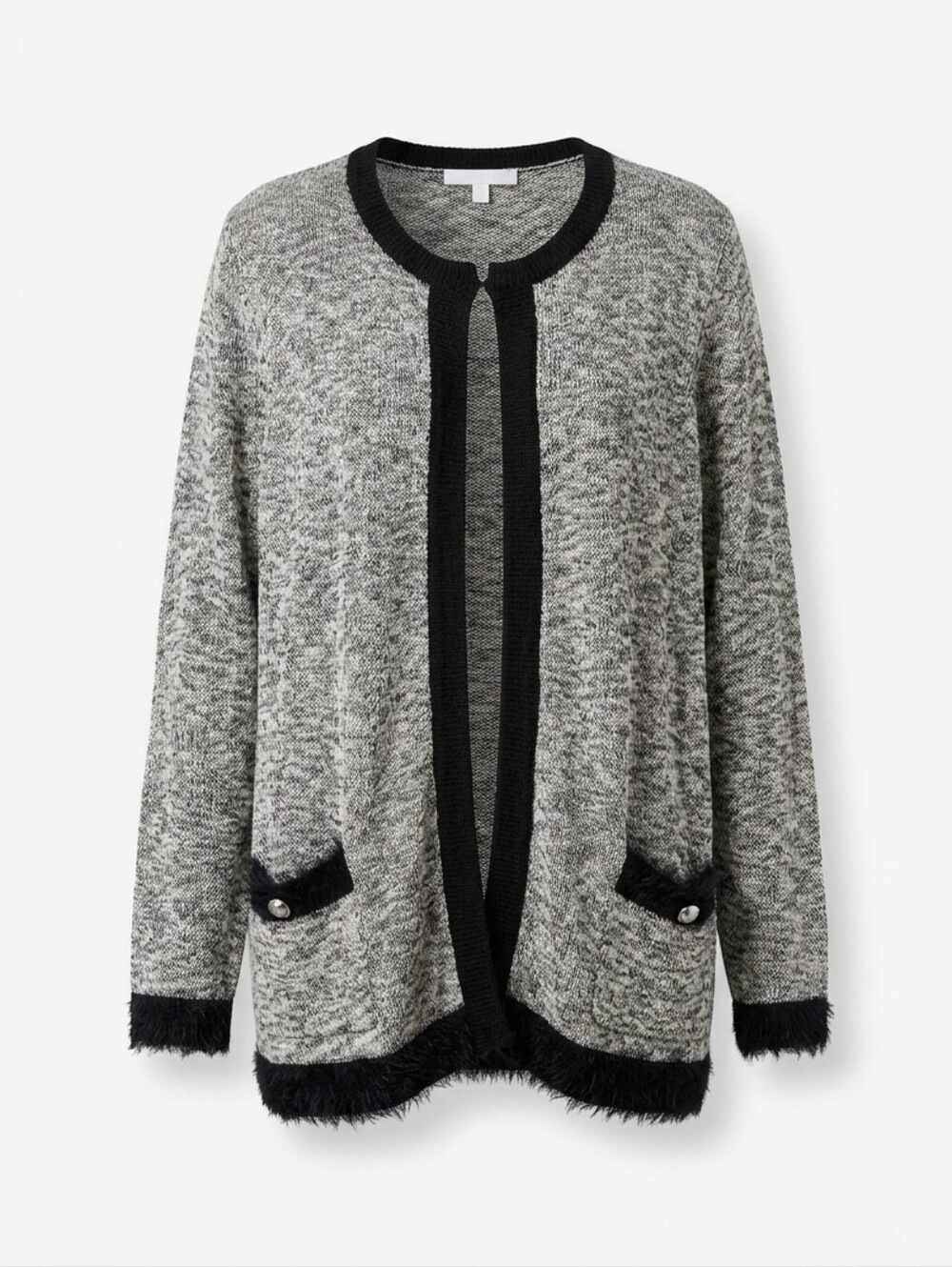 89th + Madison Gray Knit Cardigan Black Fuzzy Trim Pockets